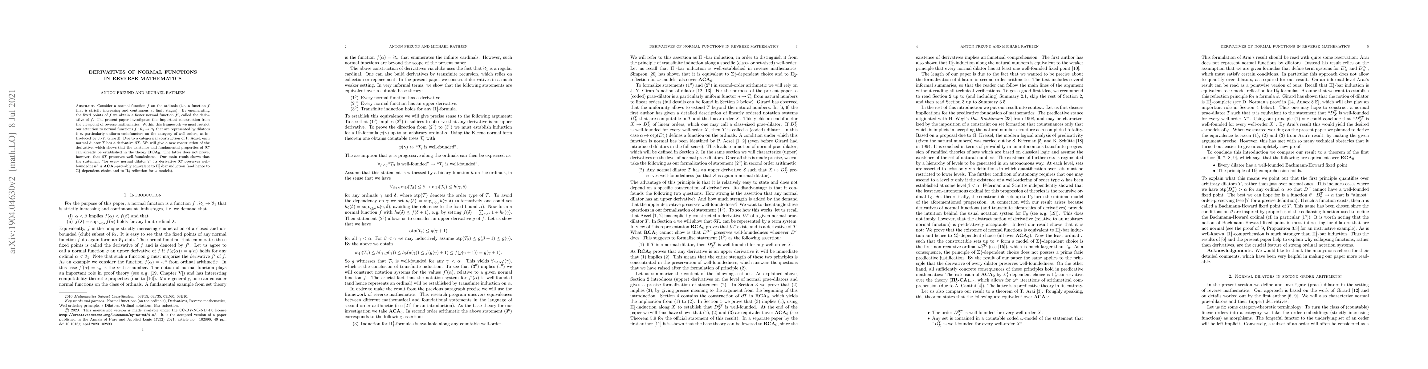 Thumbnail for Derivatives of normal functions in reverse mathematics