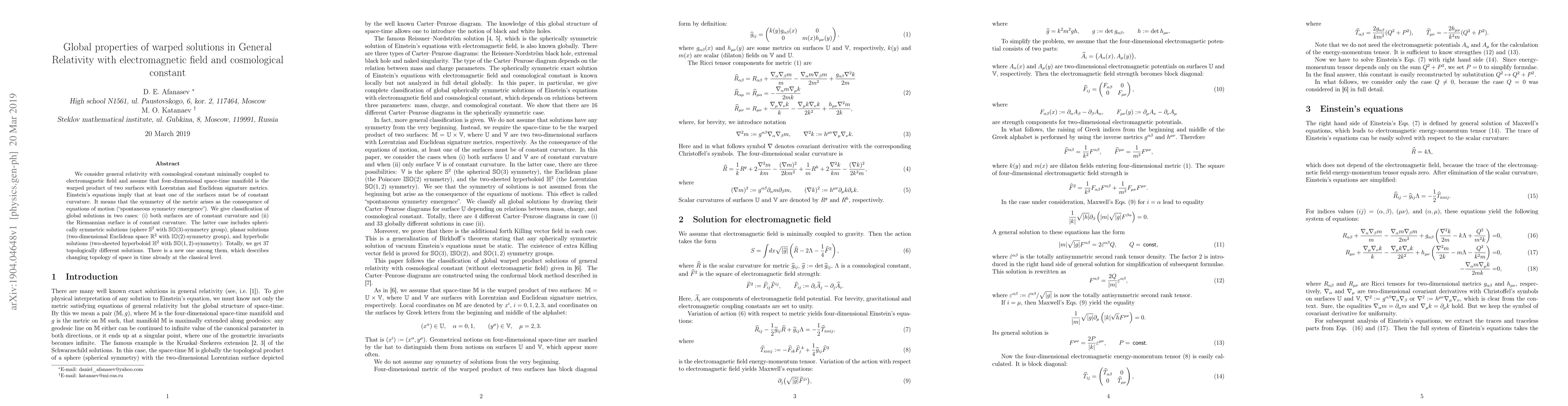 Thumbnail for Global properties of warped solutions in General Relativity with
  electromagnetic field and cosmological constant