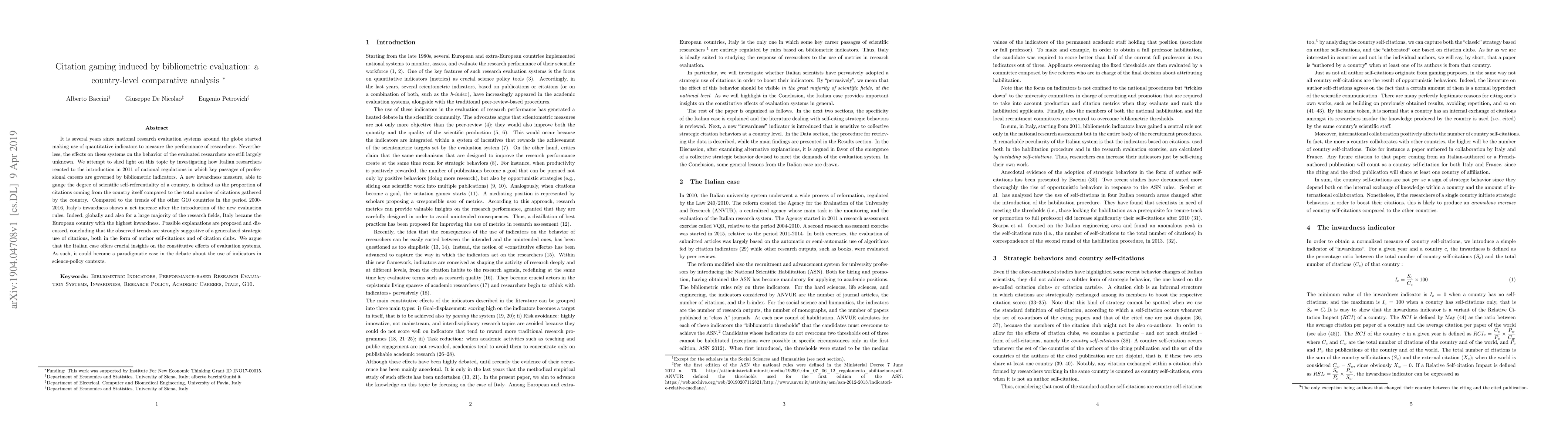 Thumbnail for Citation gaming induced by bibliometric evaluation: a country-level
  comparative analysis