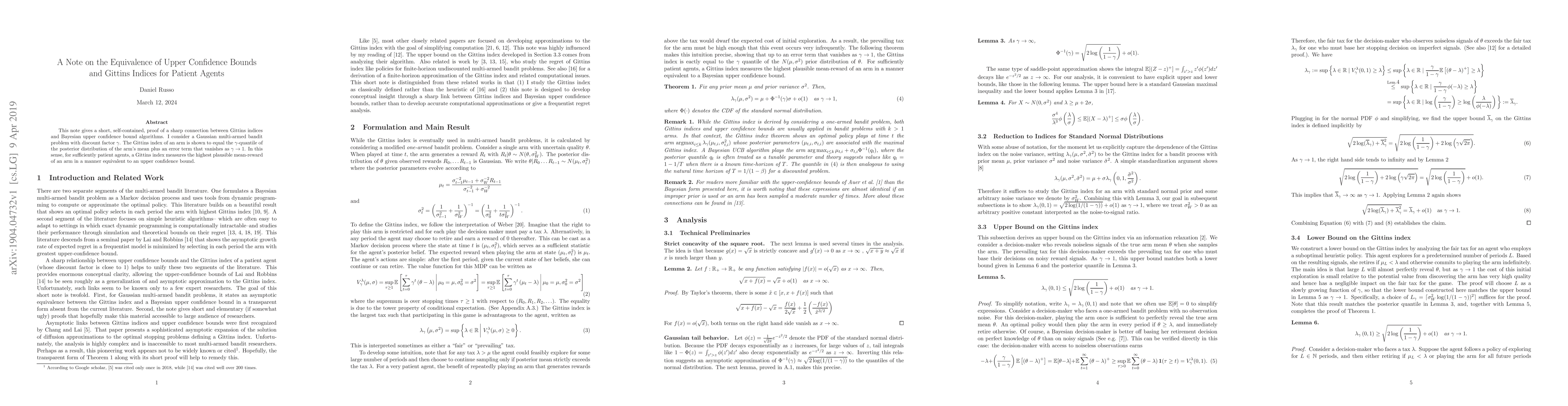 Thumbnail for A Note on the Equivalence of Upper Confidence Bounds and Gittins Indices
  for Patient Agents