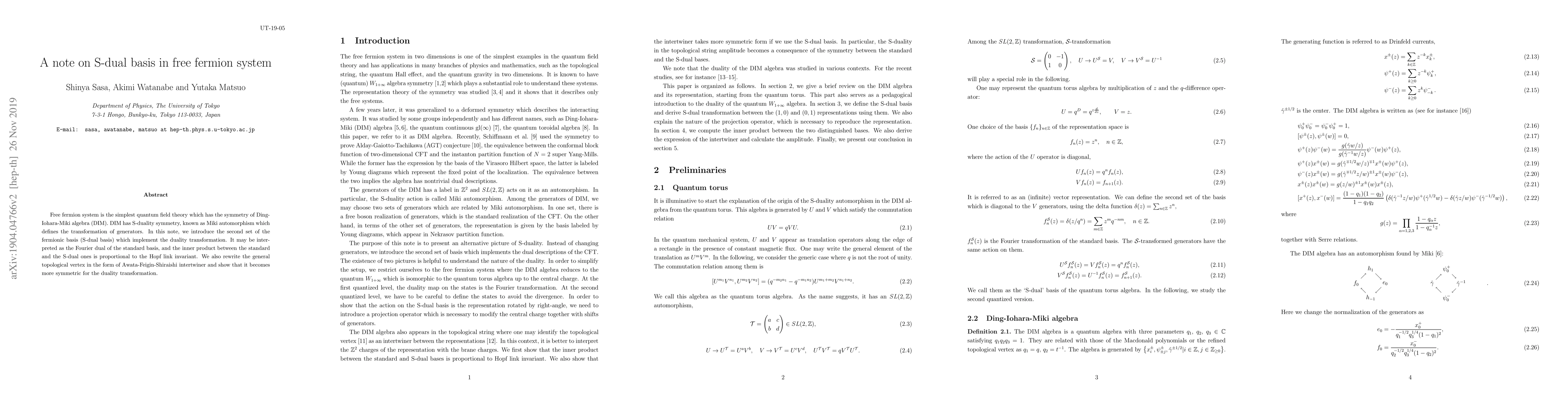Thumbnail for A note on S-dual basis in free fermion system