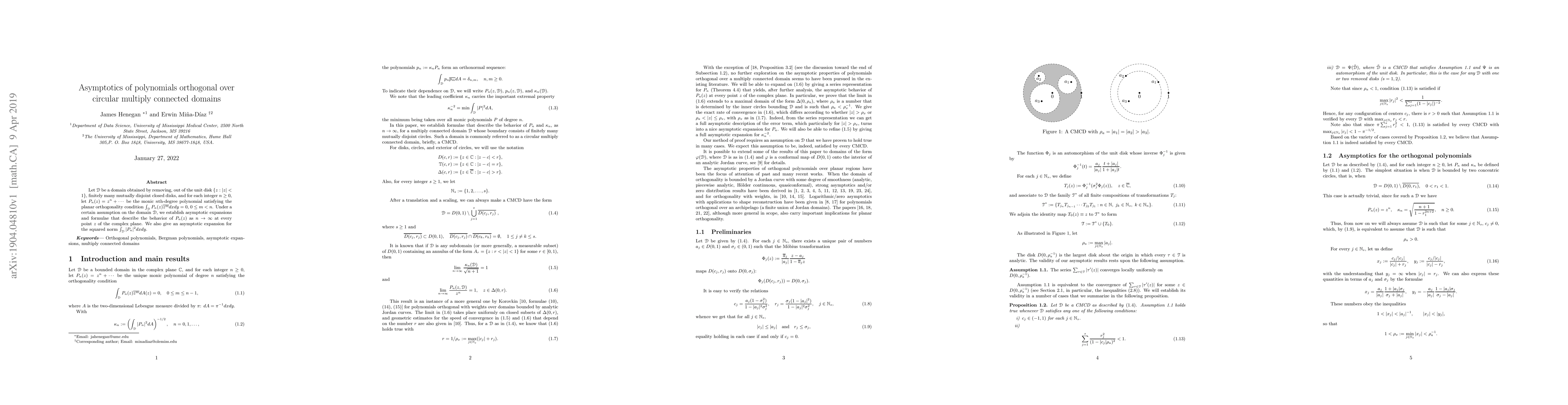 Thumbnail for Asymptotics of polynomials orthogonal over circular multiply connected
  domains