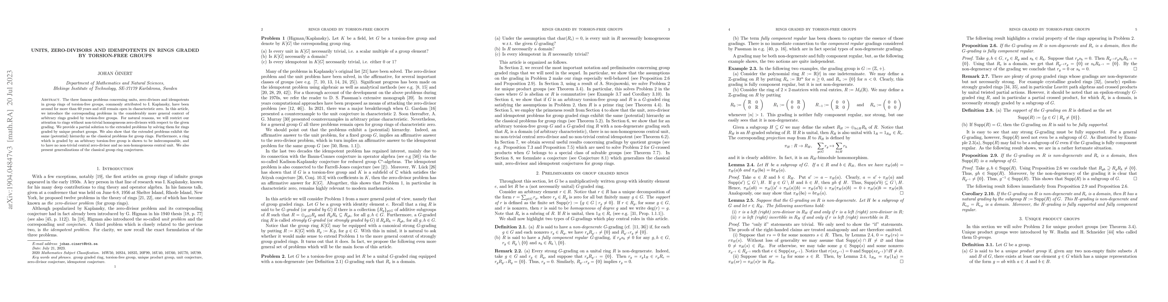Thumbnail for Units, zero-divisors and idempotents in rings graded by torsion-free
  groups