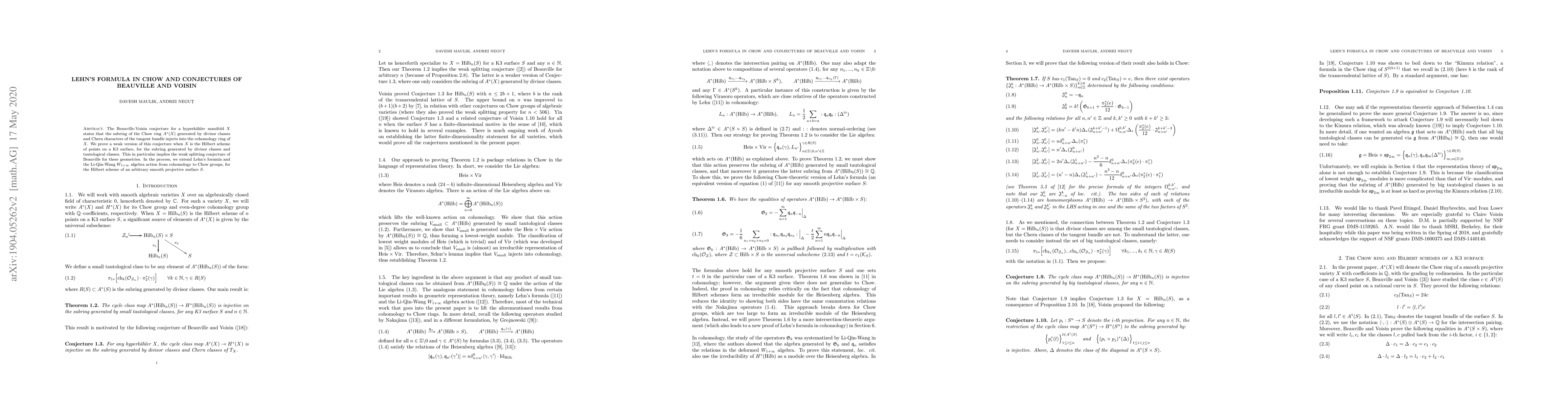 Thumbnail for Lehn's formula in Chow and Conjectures of Beauville and Voisin