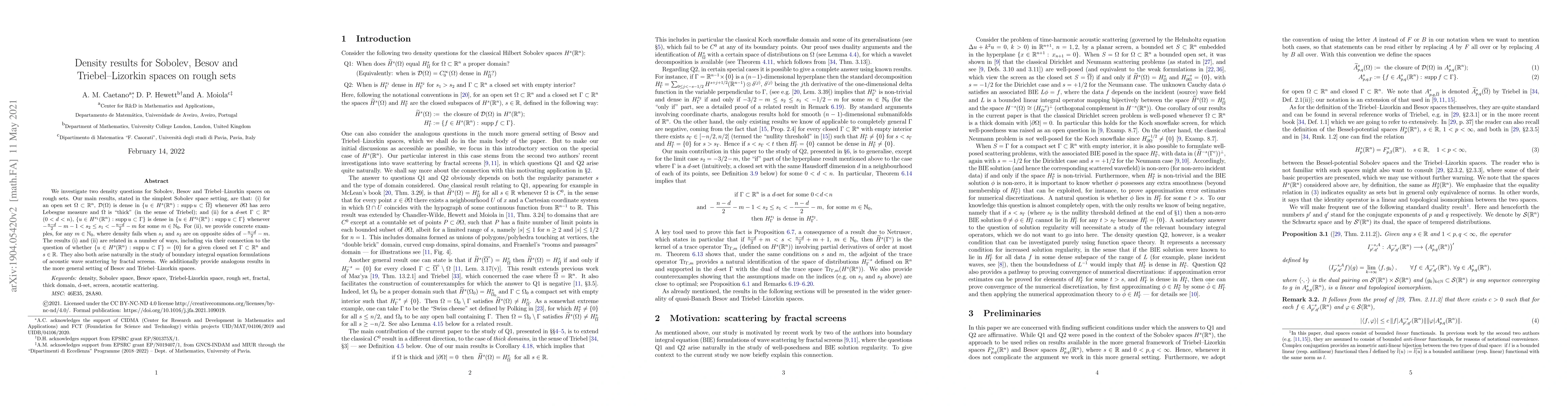 Thumbnail for Density results for Sobolev, Besov and Triebel--Lizorkin spaces on rough
  sets
