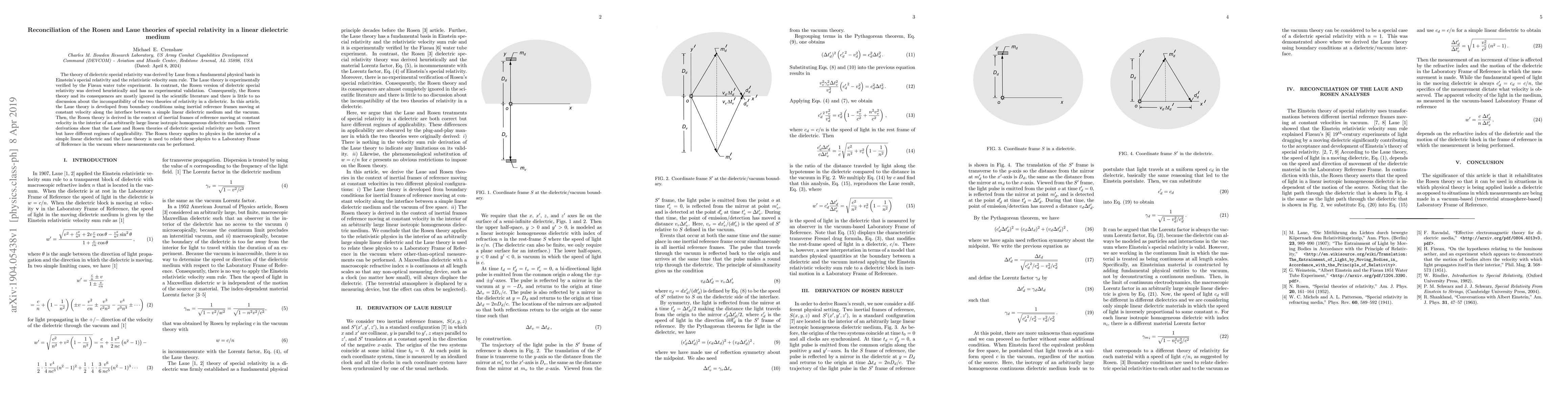 Thumbnail for Reconciliation of the Rosen and Laue theories of special relativity in a
  linear dielectric medium