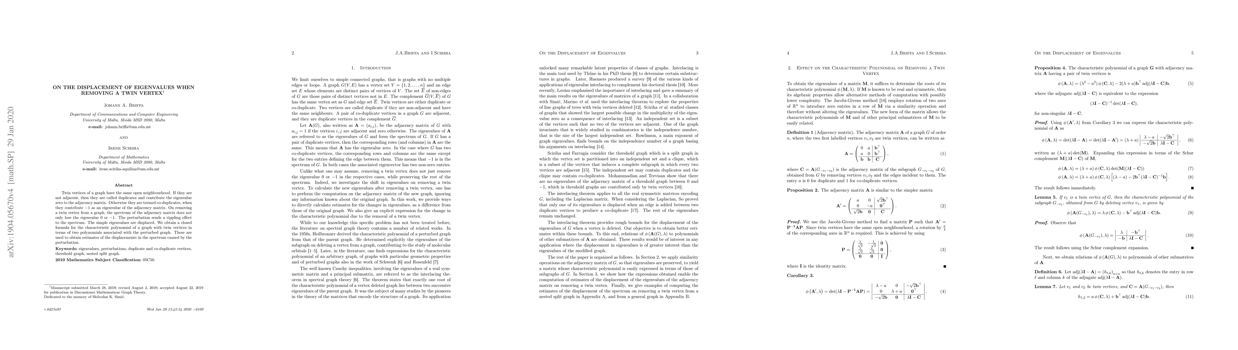 Thumbnail for On the Displacement of Eigenvalues when Removing a Twin Vertex