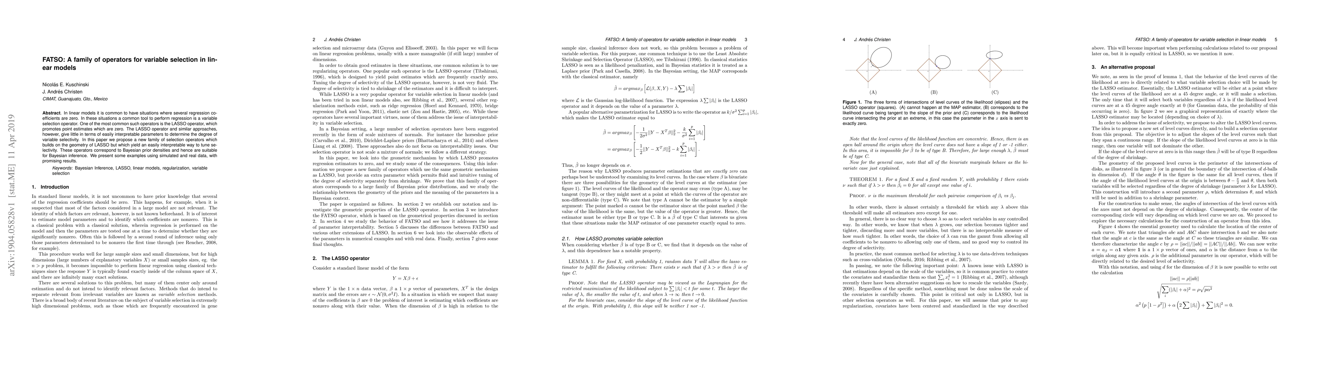 Thumbnail for FATSO: A family of operators for variable selection in linear models