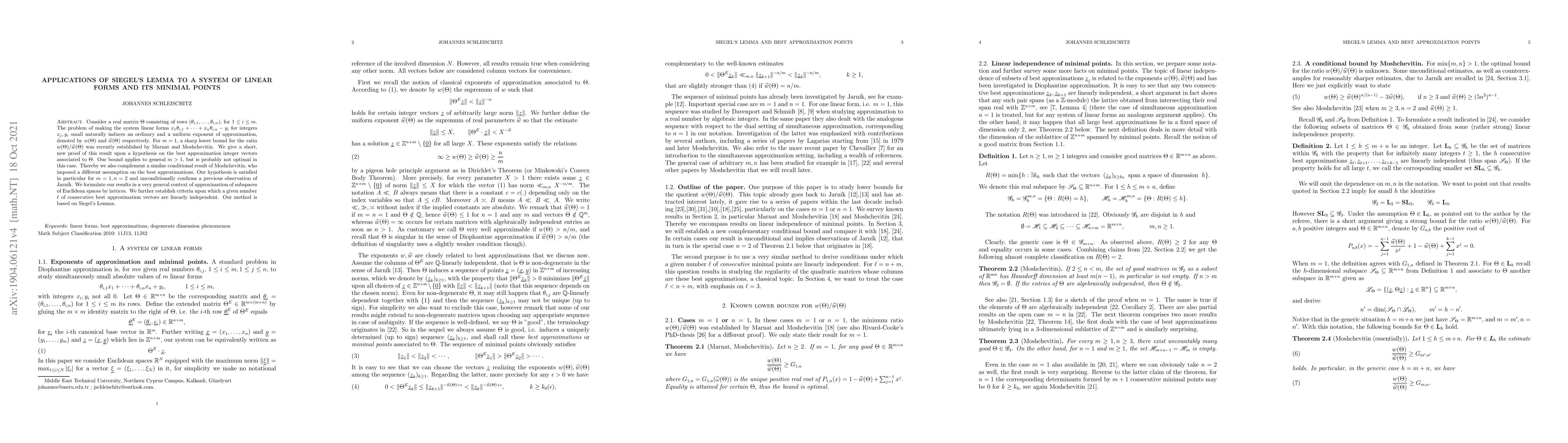 Thumbnail for Applications of Siegel's Lemma to a system of linear forms and its
  minimal points