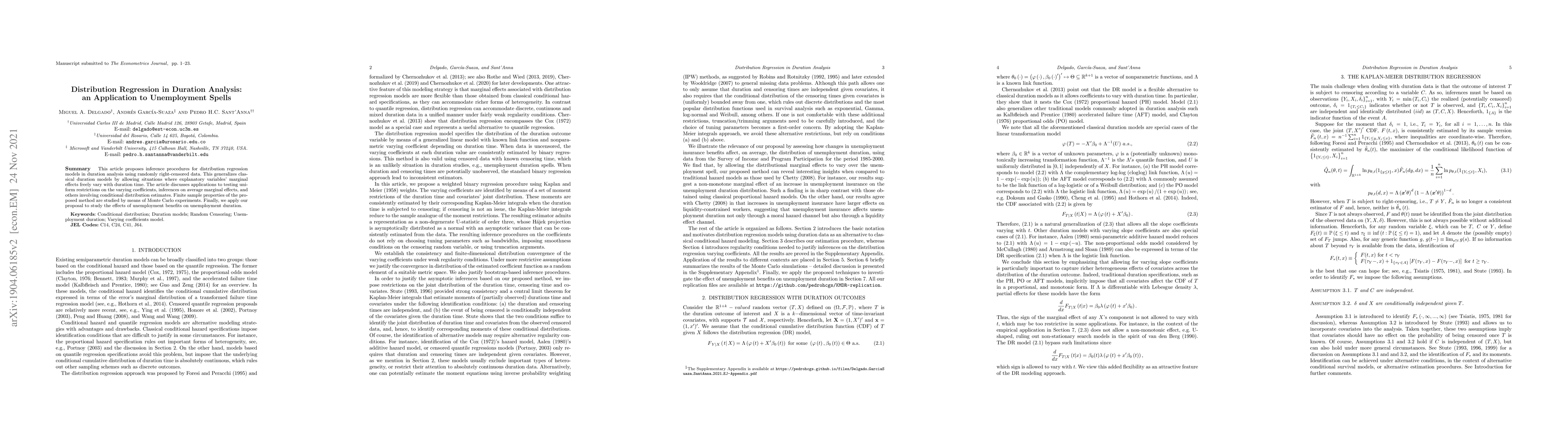 Thumbnail for Distribution Regression in Duration Analysis: an Application to
  Unemployment Spells