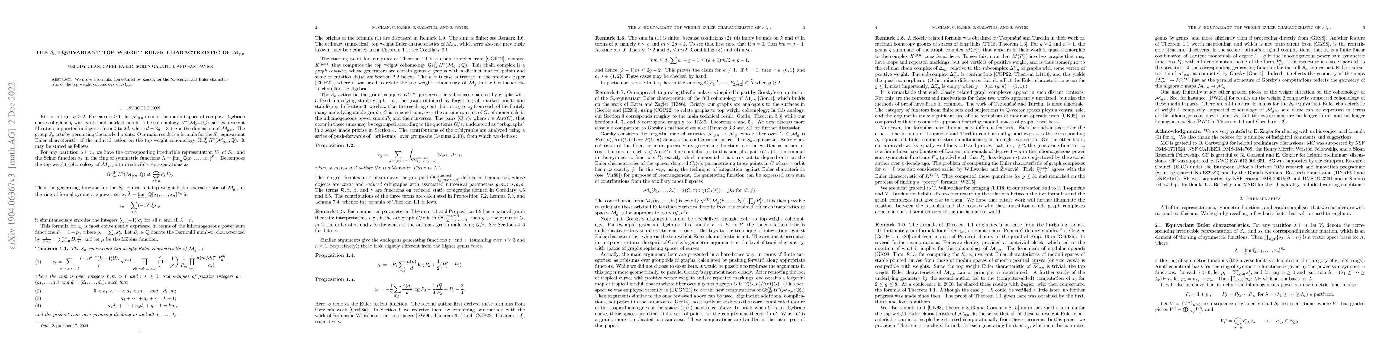 Thumbnail for The $S_n$-equivariant top weight Euler characteristic of $M_{g,n}$