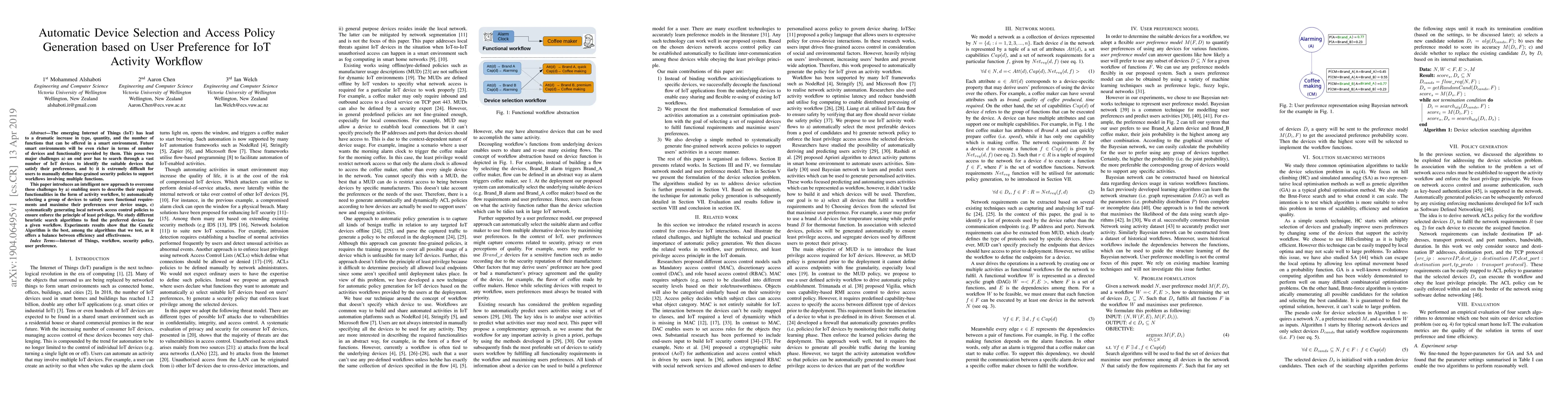 Thumbnail for Automatic Device Selection and Access PolicyGeneration based on User
  Preference for IoTActivity Workflow
