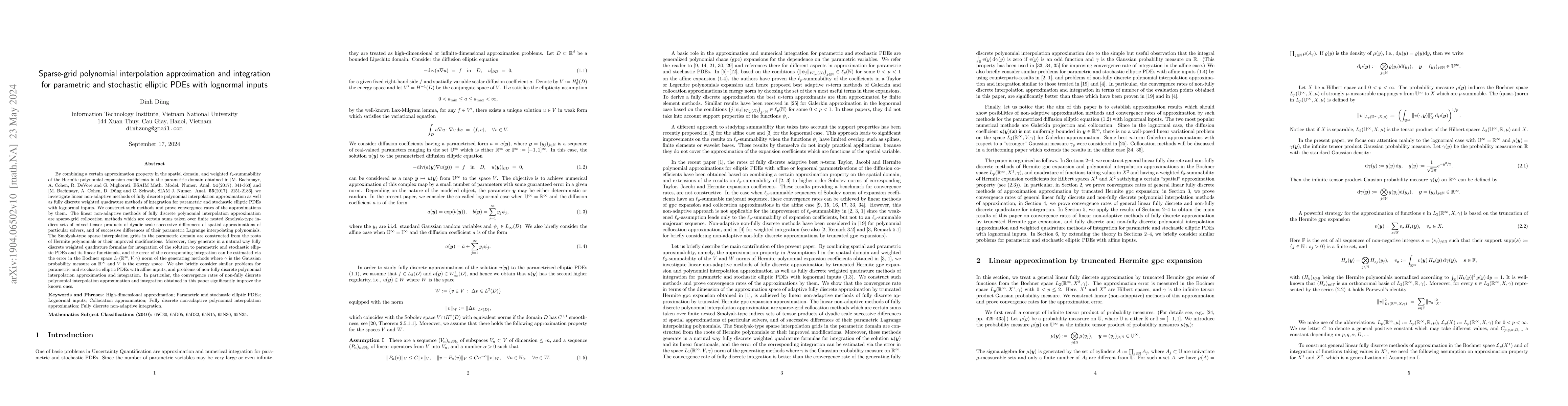 Thumbnail for Sparse-grid polynomial interpolation approximation and integration for
  parametric and stochastic elliptic PDEs with lognormal inputs