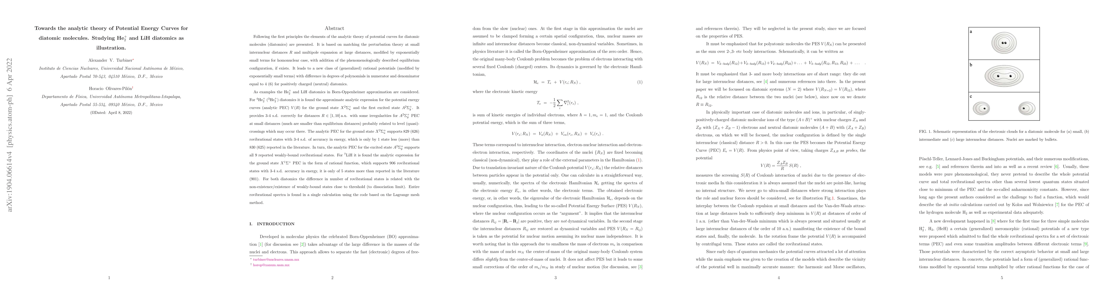 Thumbnail for Towards the analytic theory of Potential Energy Curves for diatomic
  molecules. Studying He${}_2^+$ and LiH diatomics as illustration