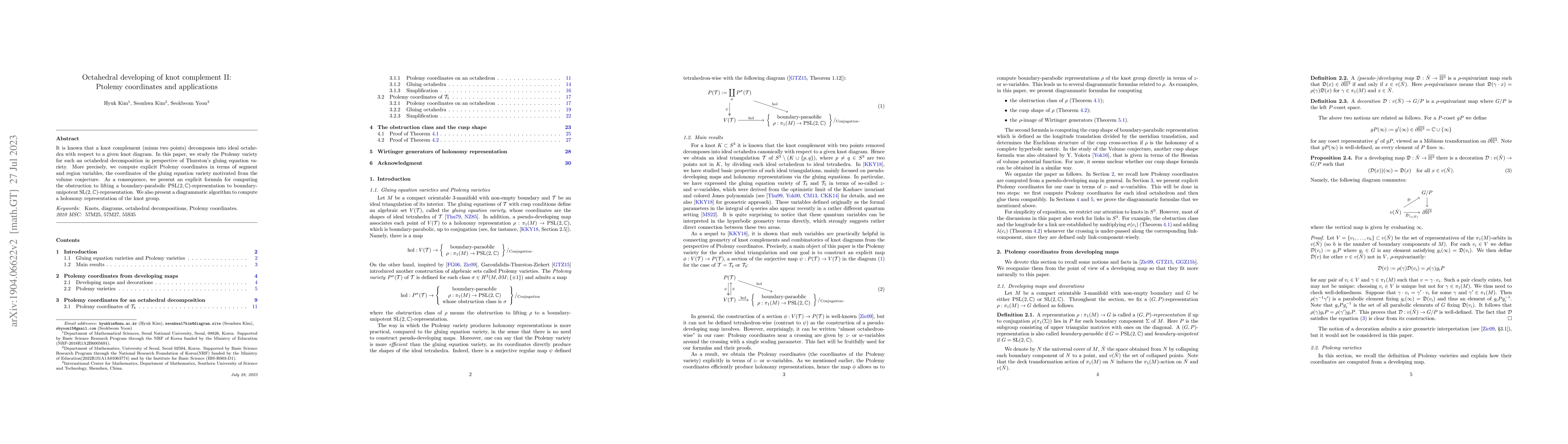 Thumbnail for Octahedral developing of knot complement II: Ptolemy coordinates and
  applications