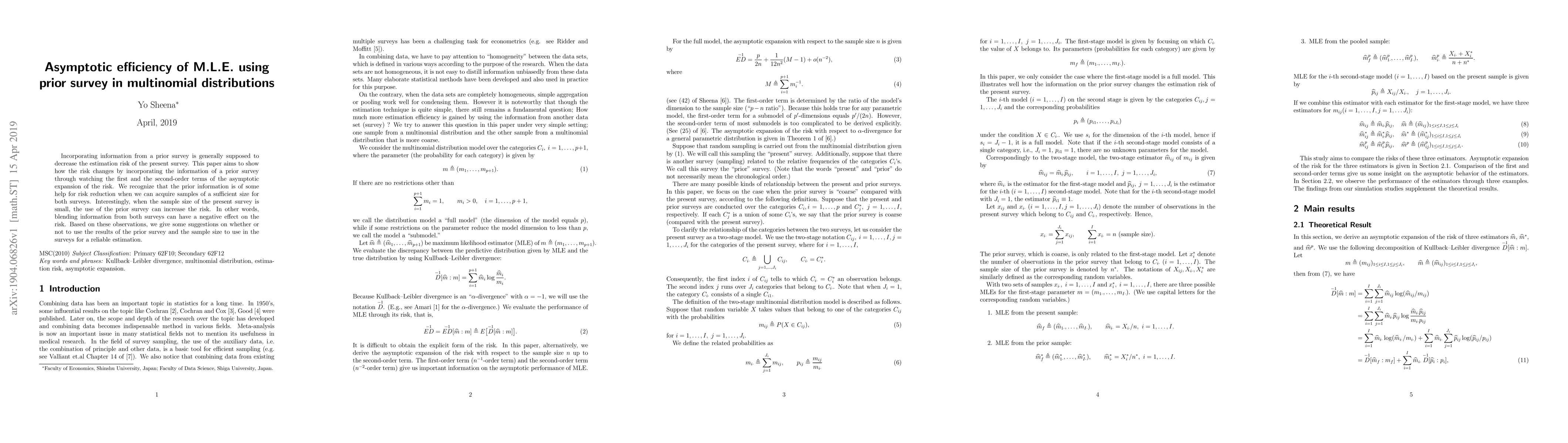 Thumbnail for Asymptotic efficiency of M.L.E. using prior survey in multinomial
  distributions