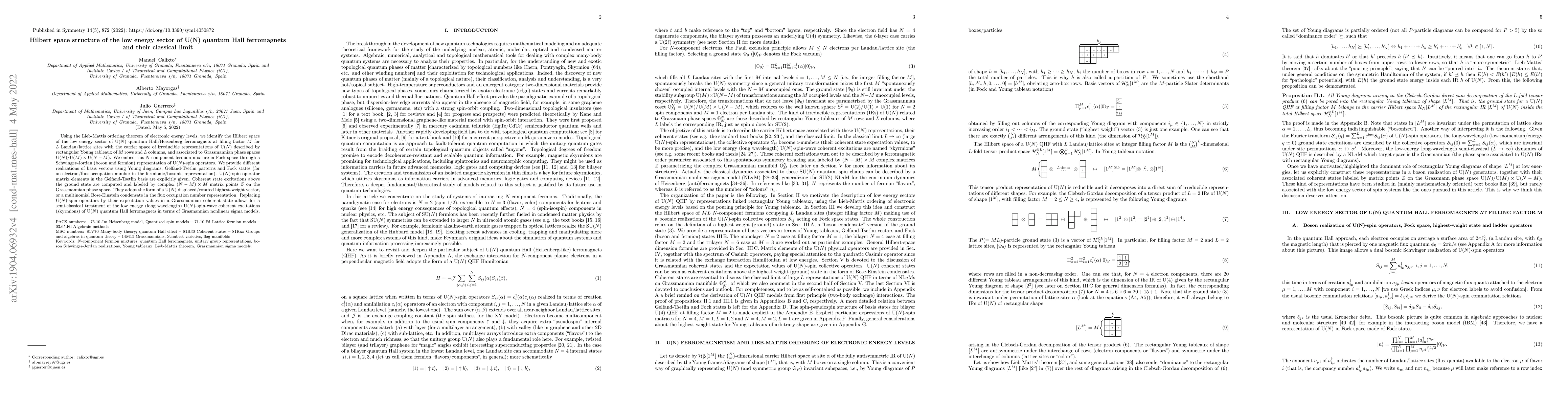 Thumbnail for Hilbert space structure of the low energy sector of U(N) quantum Hall
  ferromagnets and their classical limit