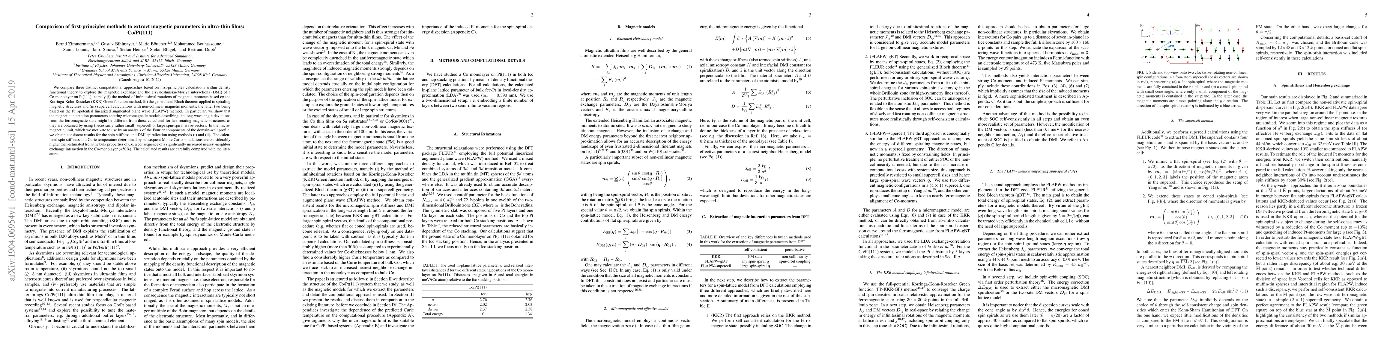 Thumbnail for Comparison of first-principles methods to extract magnetic parameters in
  ultra-thin films: Co/Pt(111)