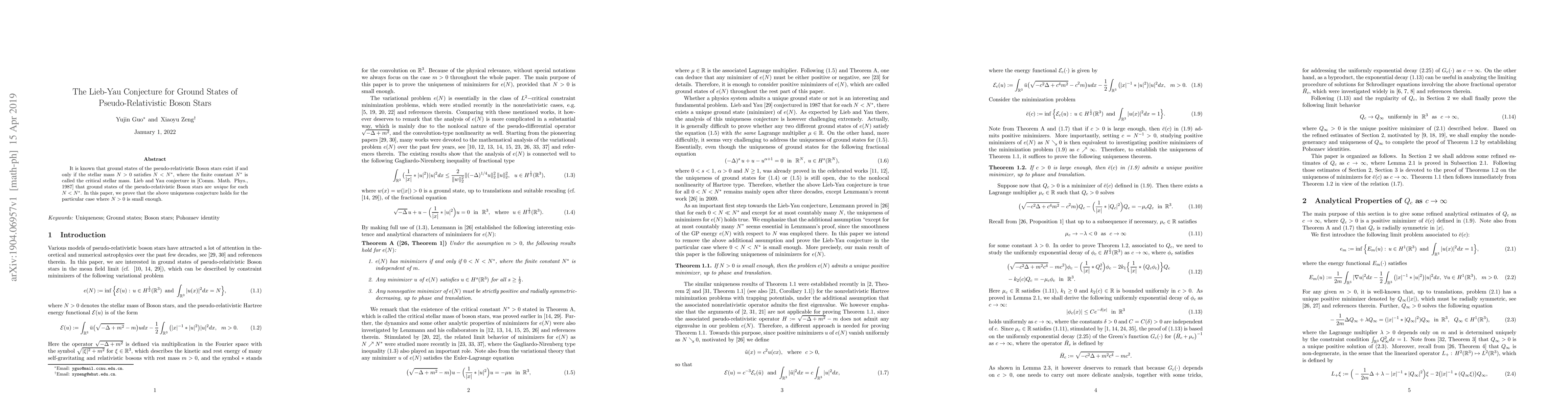 Thumbnail for The Lieb-Yau Conjecture for Ground States of Pseudo-Relativistic Boson
  Stars