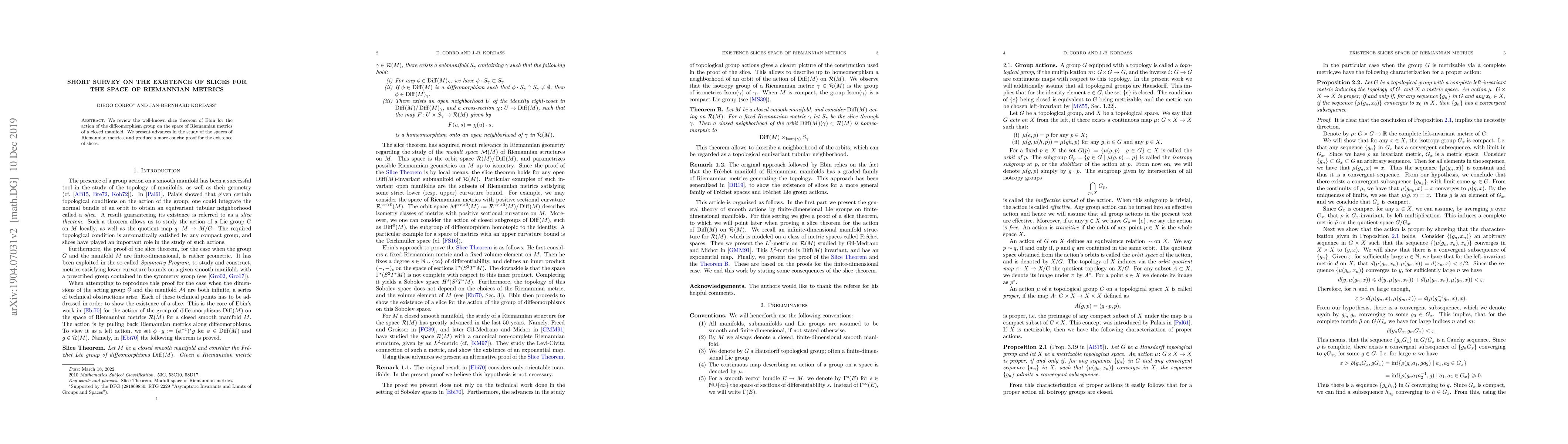 Thumbnail for Short survey on the existence of slices for the space of Riemannian
  metrics