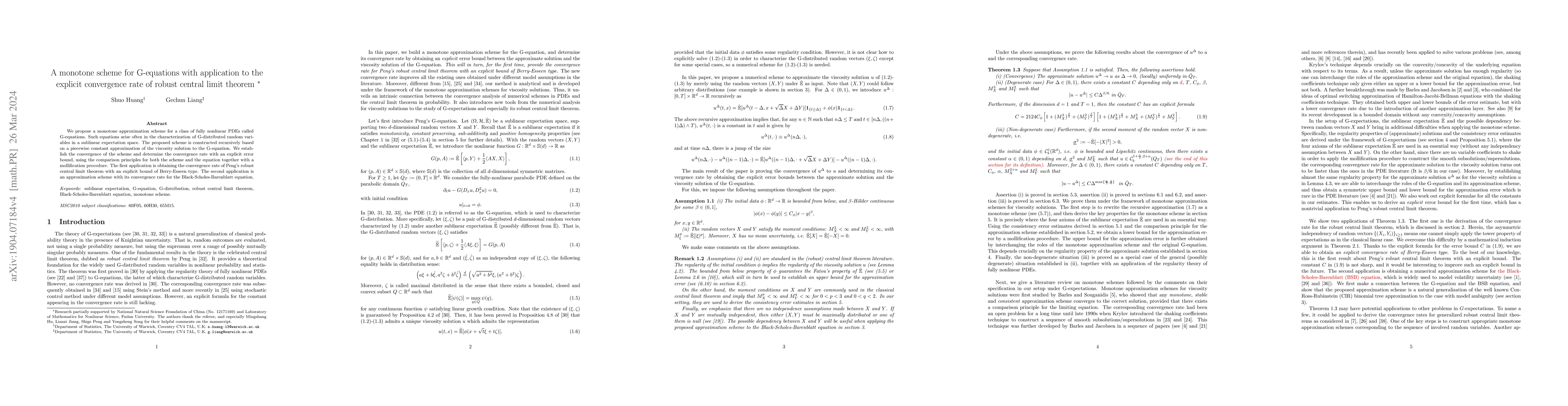 Thumbnail for A monotone scheme for G-equations with application to the explicit
  convergence rate of robust central limit theorem