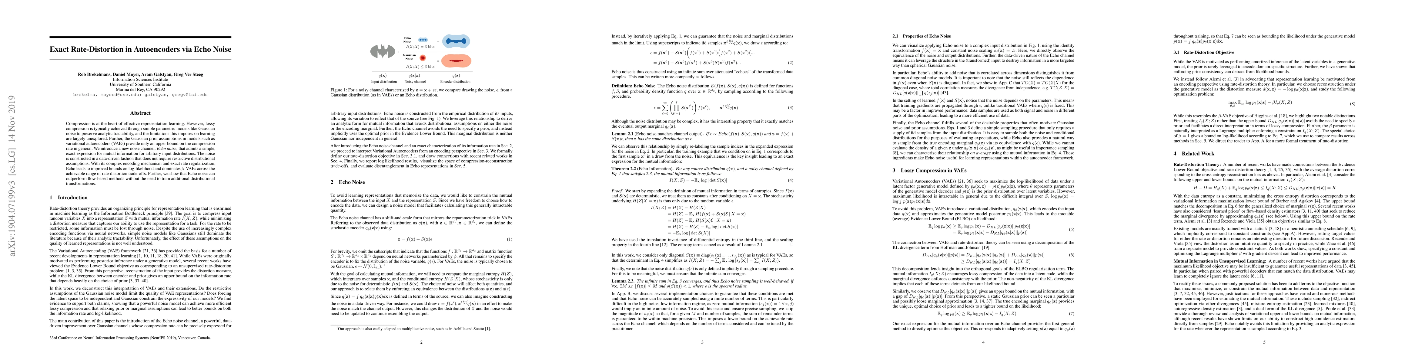 Thumbnail for Exact Rate-Distortion in Autoencoders via Echo Noise
