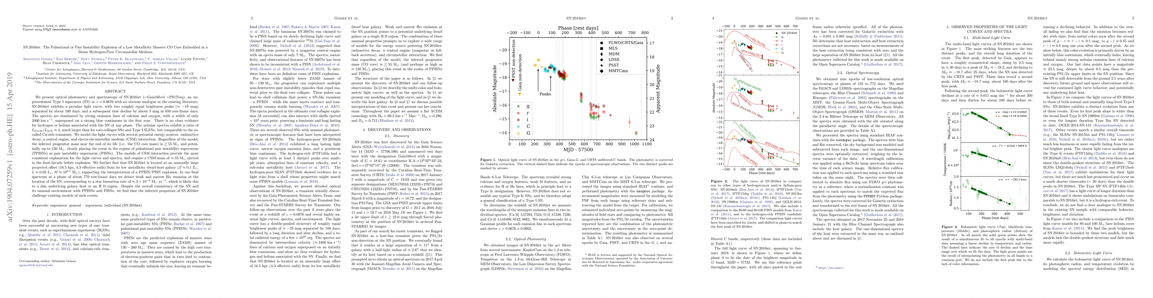 Thumbnail for SN 2016iet: The Pulsational or Pair Instability Explosion of a Low
  Metallicity Massive CO Core Embedded in a Dense Hydrogen-Poor Circumstellar
  Medium