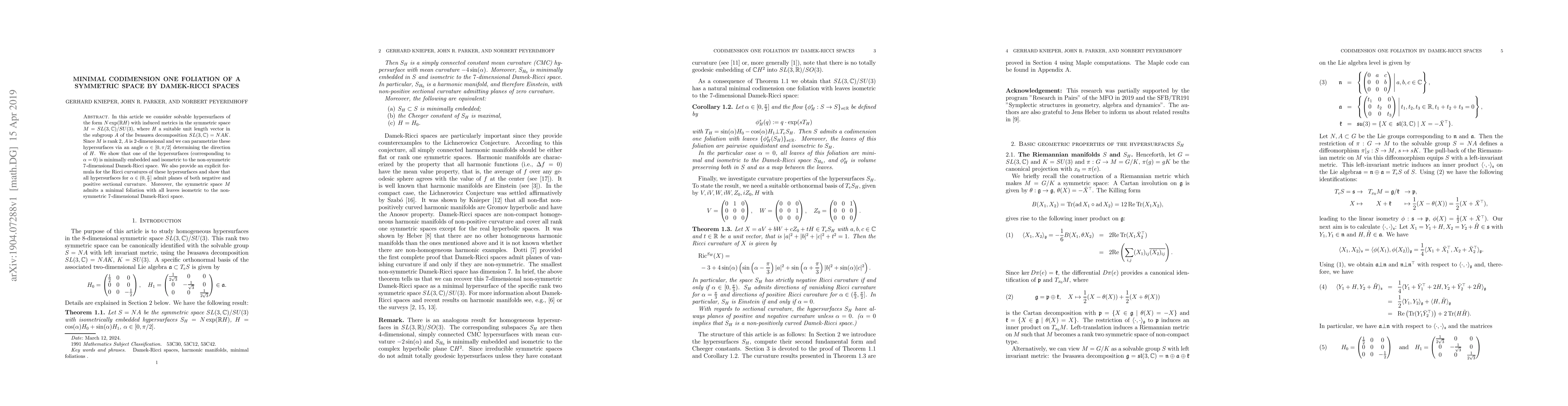 Thumbnail for Minimal codimension one foliation of a symmetric space by Damek-Ricci
  spaces
