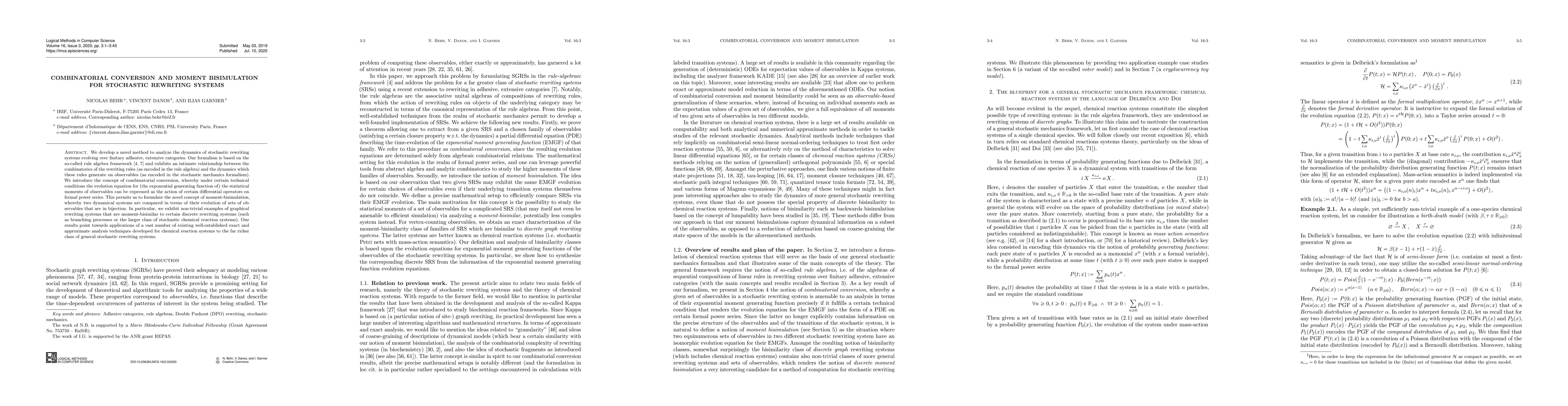 Thumbnail for Combinatorial Conversion and Moment Bisimulation for Stochastic
  Rewriting Systems
