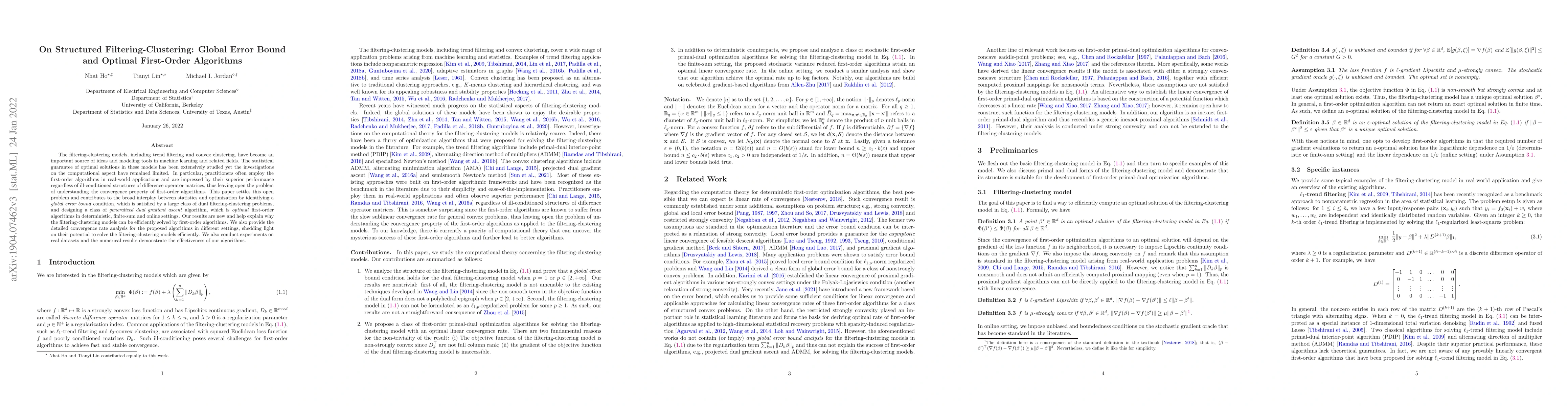 Thumbnail for On Structured Filtering-Clustering: Global Error Bound and Optimal
  First-Order Algorithms