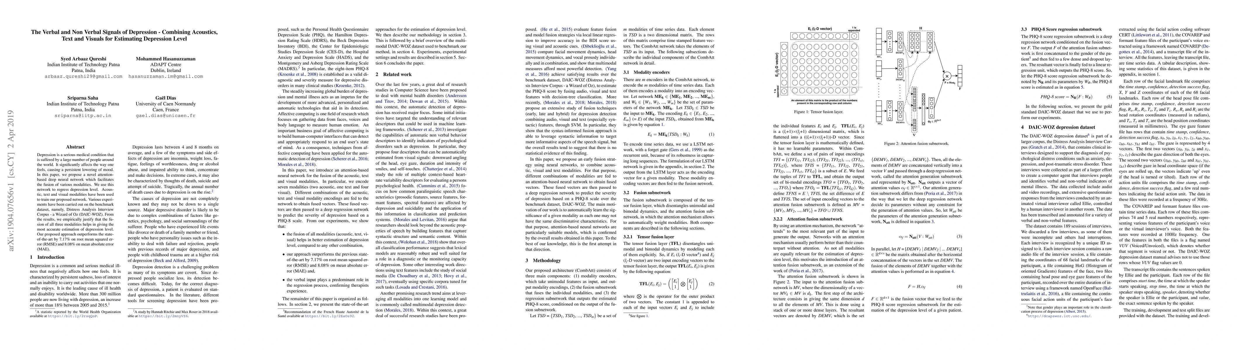 Thumbnail for The Verbal and Non Verbal Signals of Depression -- Combining Acoustics,
  Text and Visuals for Estimating Depression Level