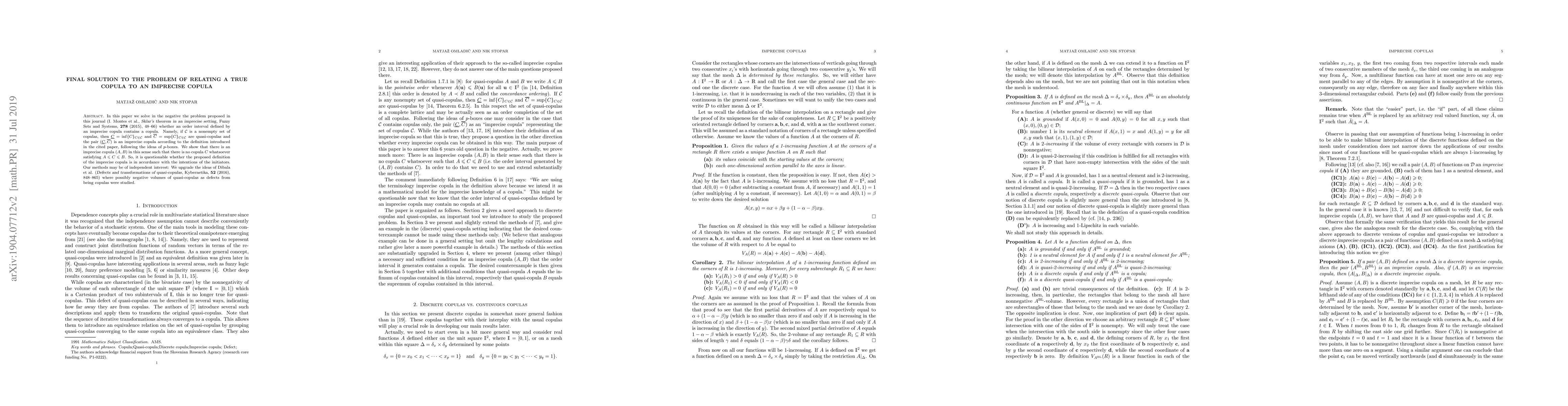Thumbnail for Final solution to the problem of relating a true copula to an imprecise
  copula