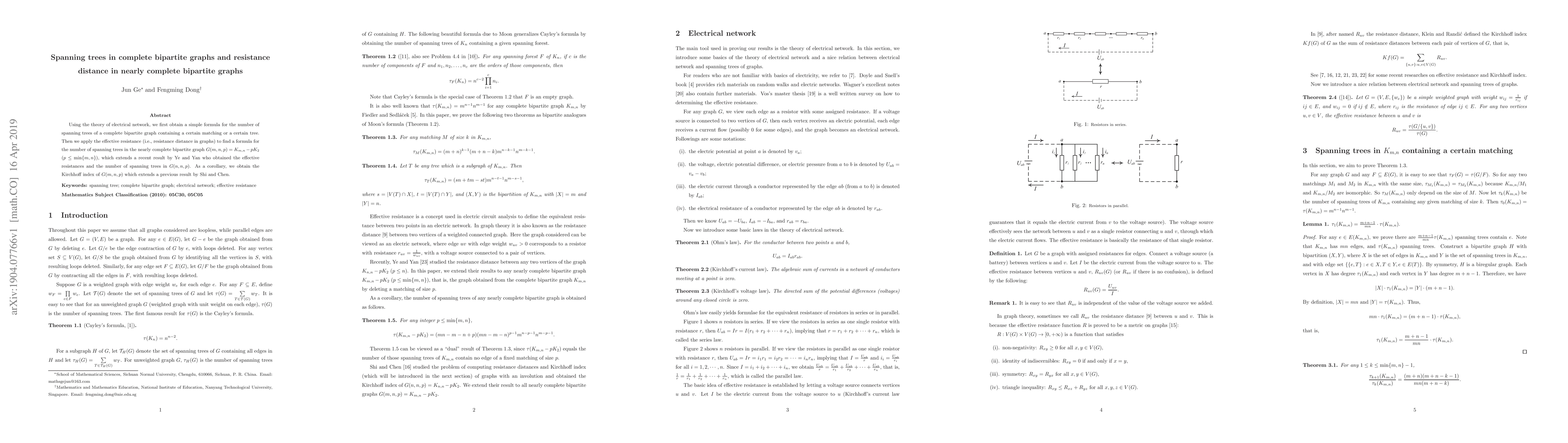 Thumbnail for Spanning trees in complete bipartite graphs and resistance distance in
  nearly complete bipartite graphs