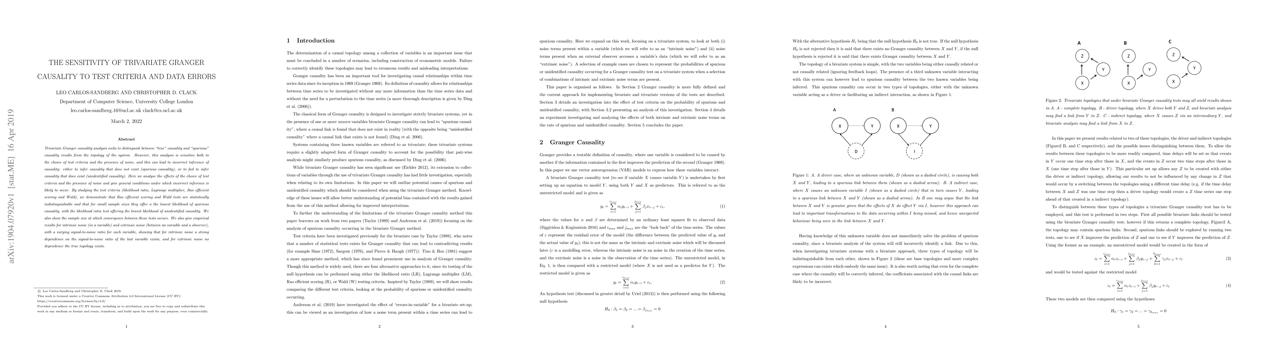 Thumbnail for The Sensitivity of Trivariate Granger Causality to Test Criteria and
  Data Errors