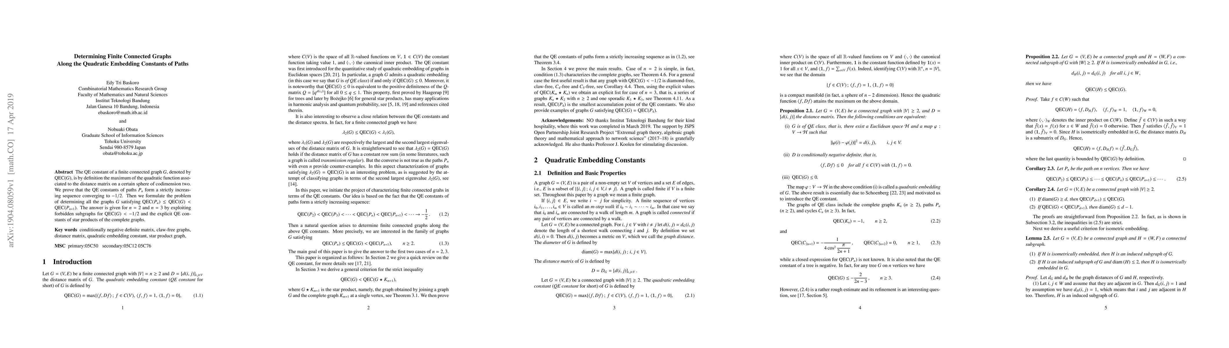 Thumbnail for Determining Finite Connected Graphs Along the Quadratic Embedding
  Constants of Paths