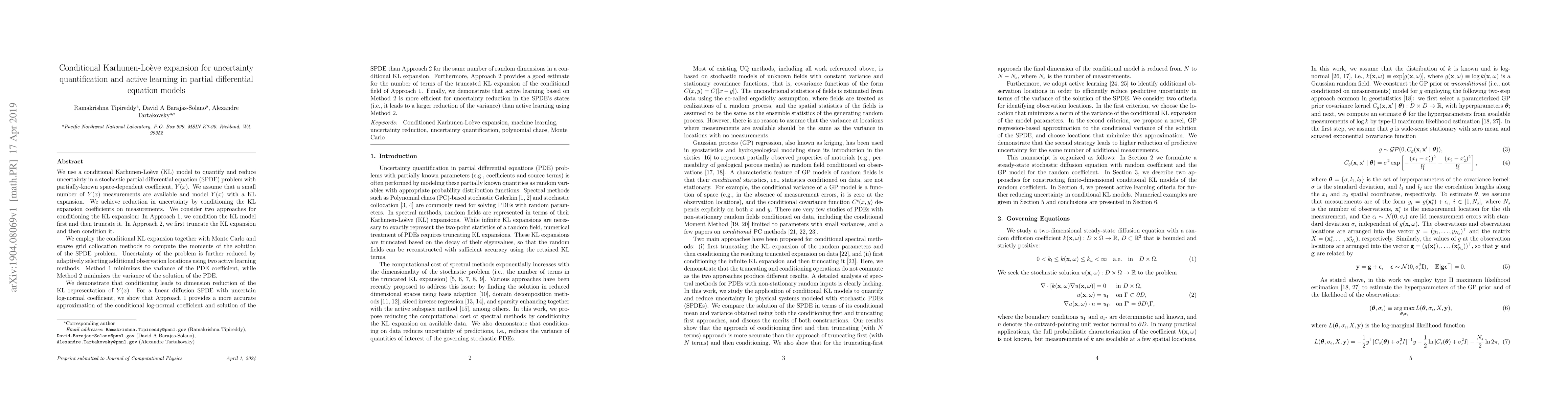 Thumbnail for Conditional Karhunen-Lo\`eve expansion for uncertainty quantification
  and active learning in partial differential equation models
