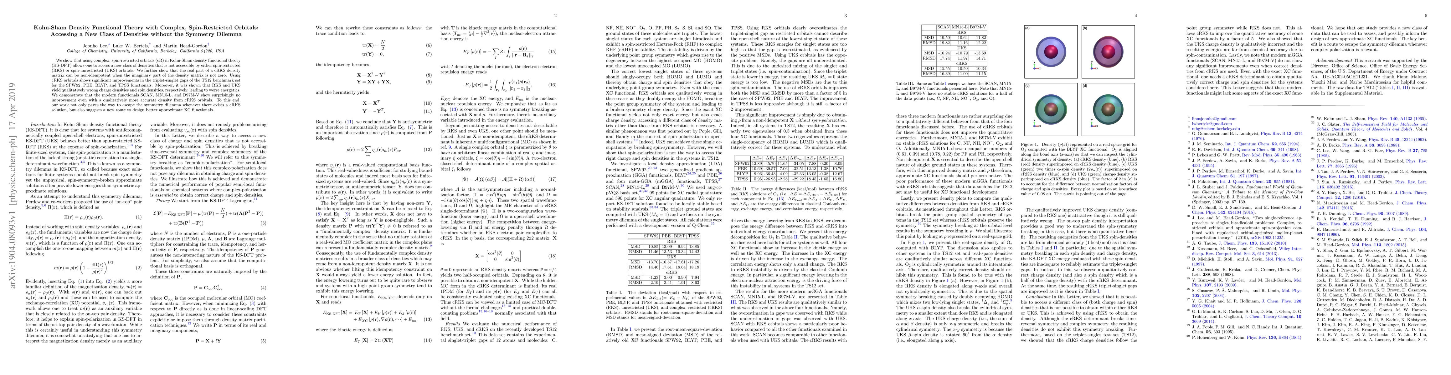 Thumbnail for Kohn-Sham Density Functional Theory with Complex, Spin-Restricted
  Orbitals: Accessing a New Class of Densities without the Symmetry Dilemma