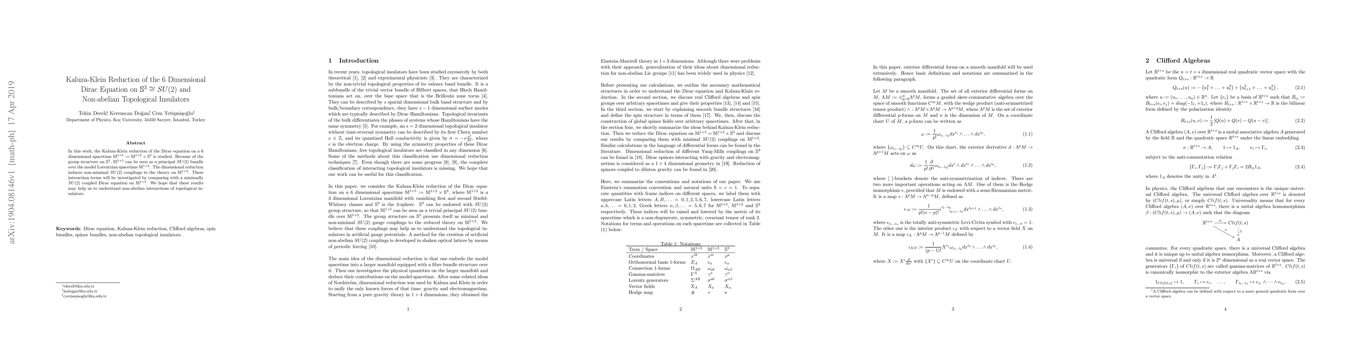 Thumbnail for Kaluza-Klein Reduction of the 6 Dimensional \\ Dirac Equation on
  $\mathbb{S}^3 \cong SU(2)$ and \\ Non-abelian Topological Insulators