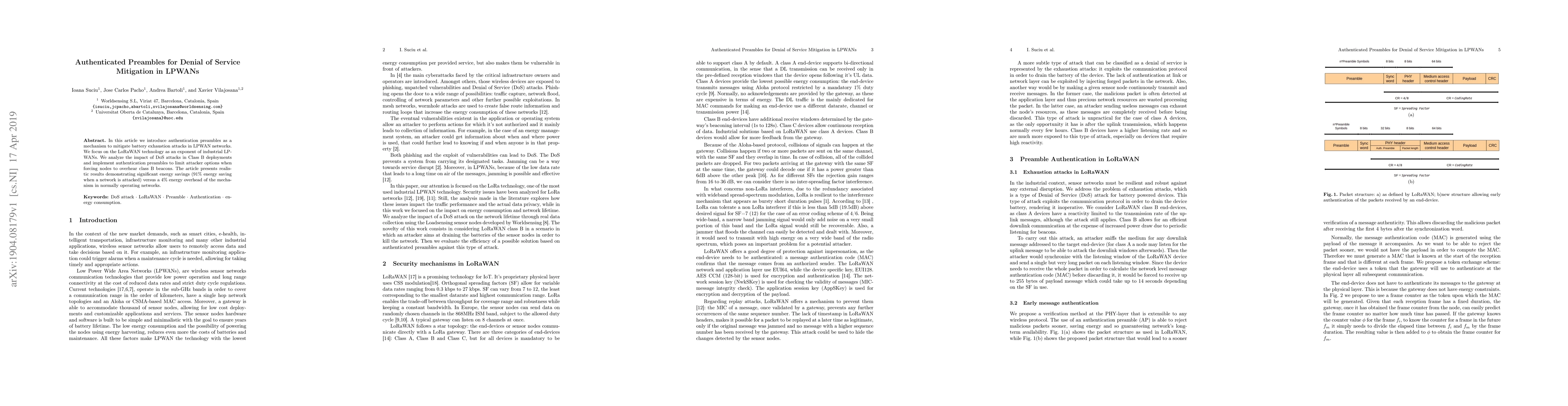 Thumbnail for Authenticated Preambles for Denial of Service Mitigation in LPWANs