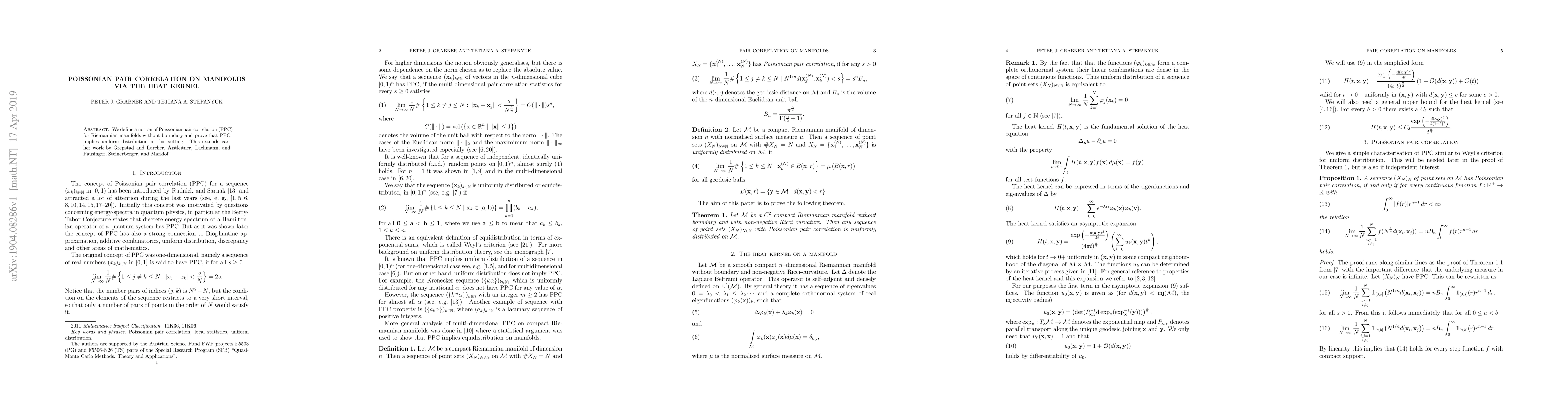 Thumbnail for Poissonian pair correlation on manifolds via the heat kernel