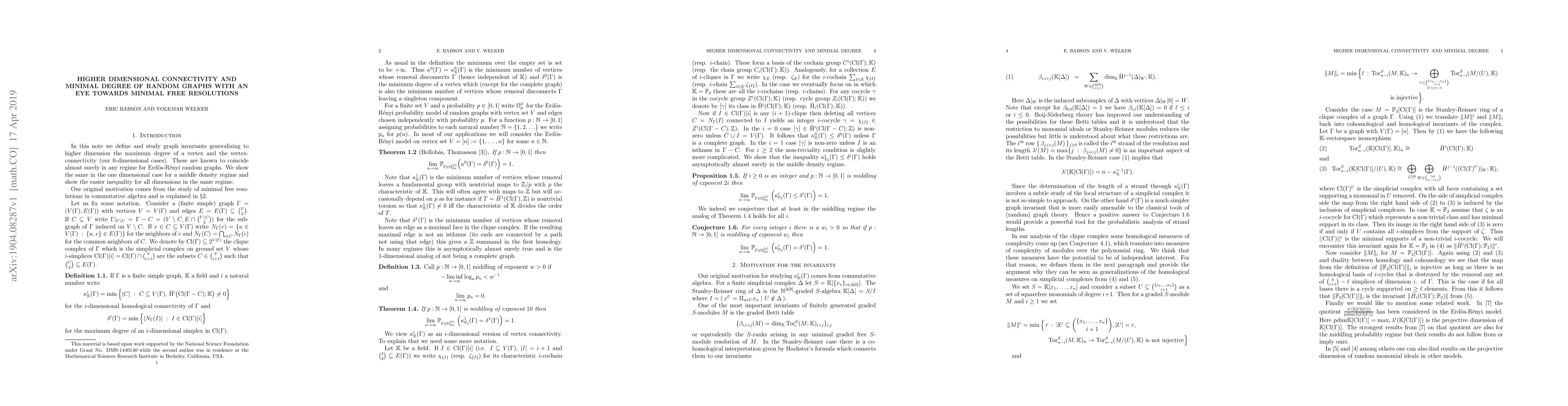 Thumbnail for Higher dimensional connectivity and minimal degree of random graphs with
  an eye towards minimal free resolutions