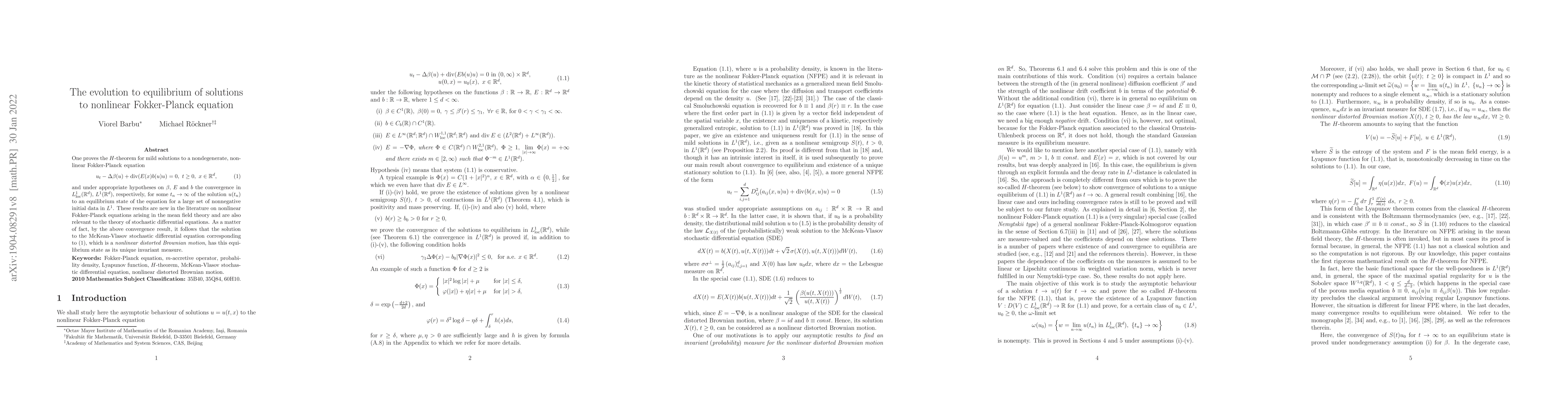 Thumbnail for The evolution to equilibrium of solutions to nonlinear Fokker-Planck
  equation