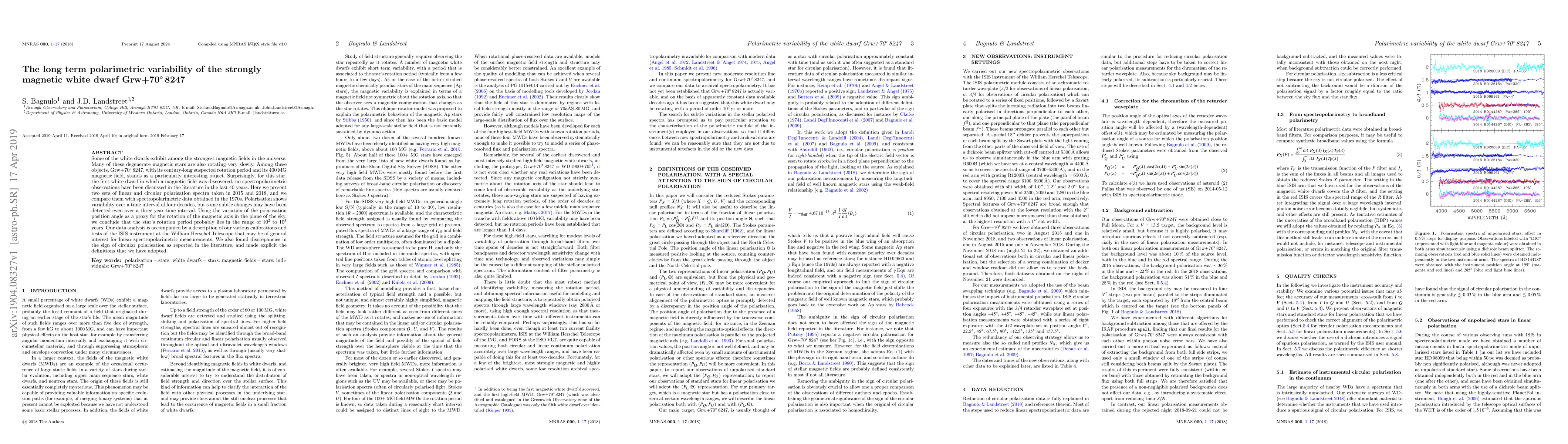 Thumbnail for The long term polarimetric variability of the strongly magnetic white
  dwarf Grw+70$^\circ$8247
