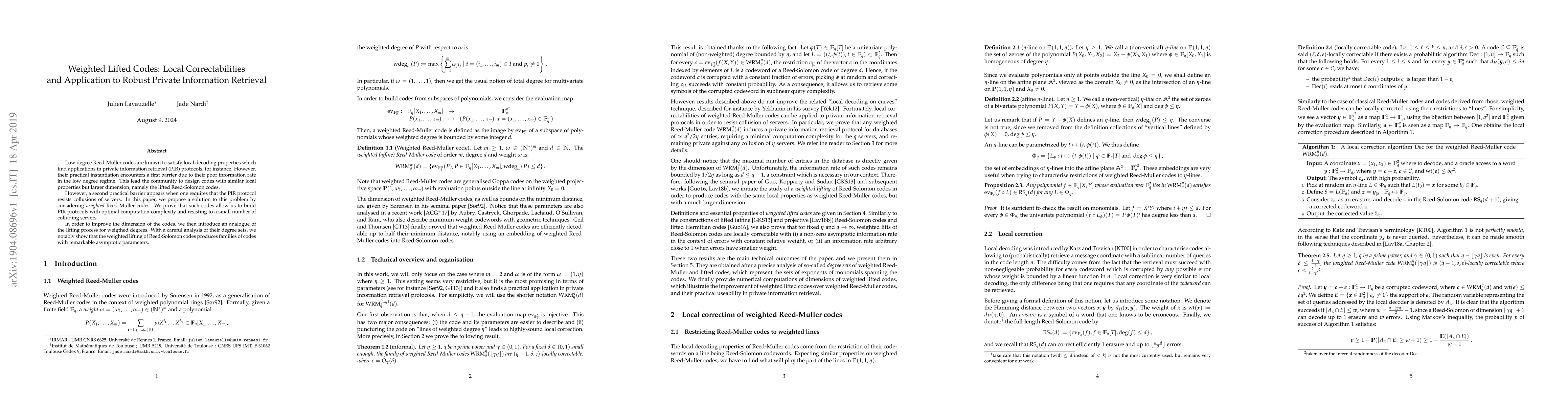 Thumbnail for Weighted Lifted Codes: Local Correctabilities and Application to Robust
  Private Information Retrieval