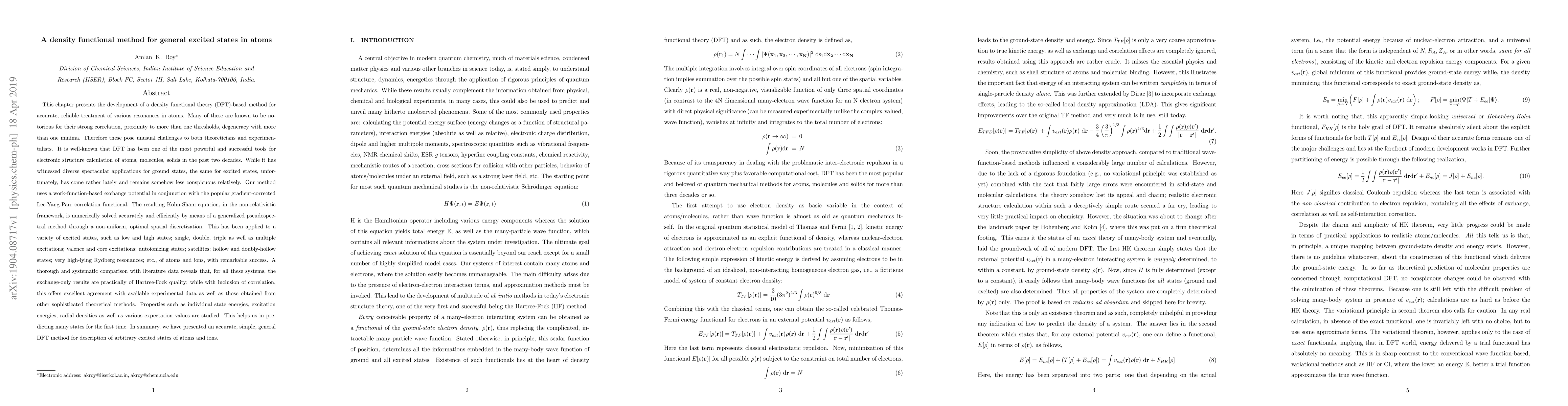 Thumbnail for A density functional method for general excited states in atoms