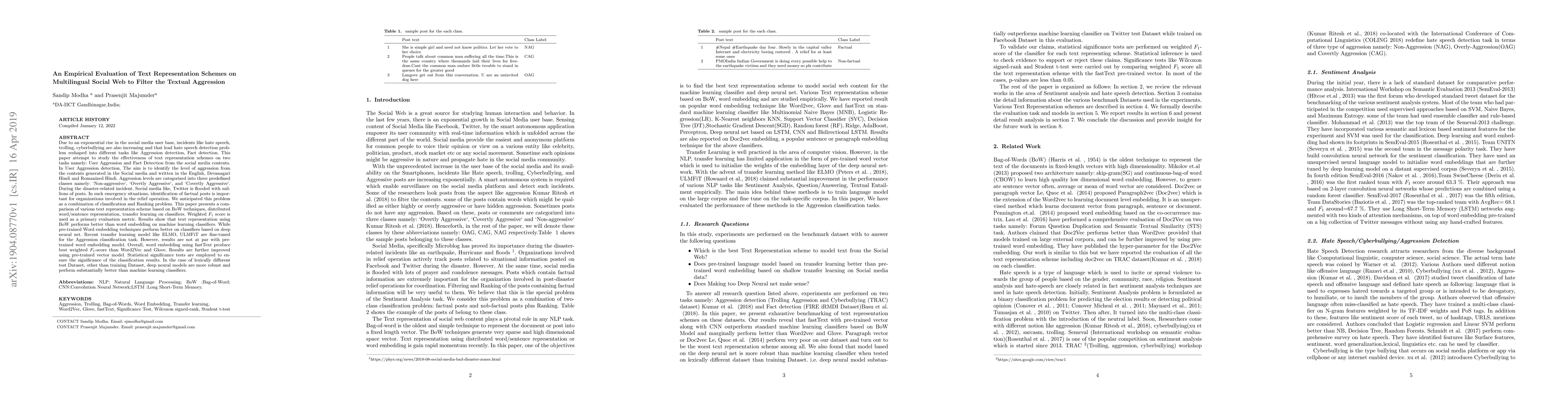 Thumbnail for An Empirical Evaluation of Text Representation Schemes on Multilingual
  Social Web to Filter the Textual Aggression