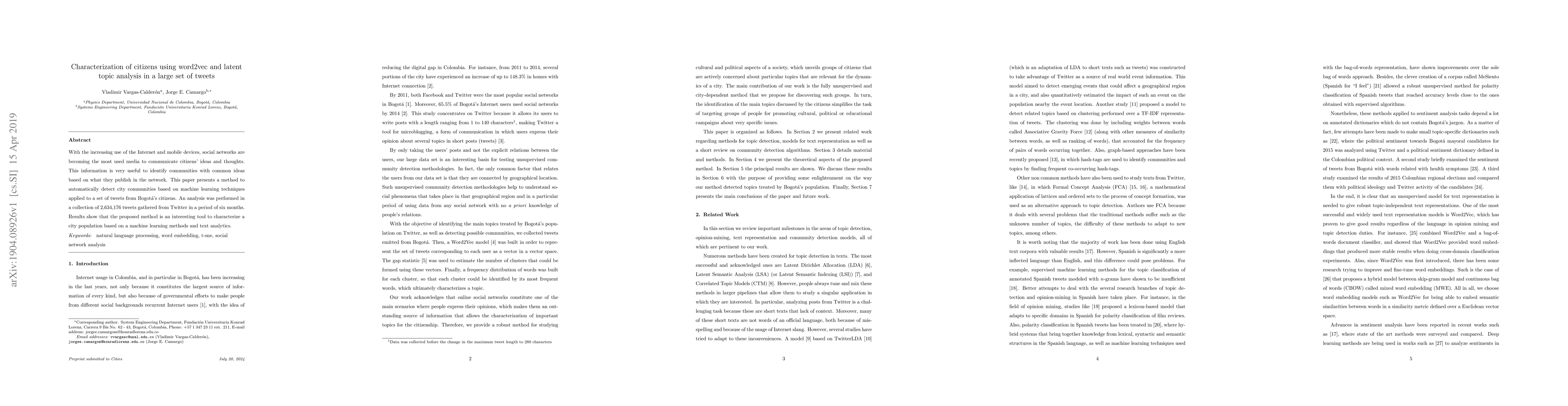 Thumbnail for Characterization of citizens using word2vec and latent topic analysis in
  a large set of tweets
