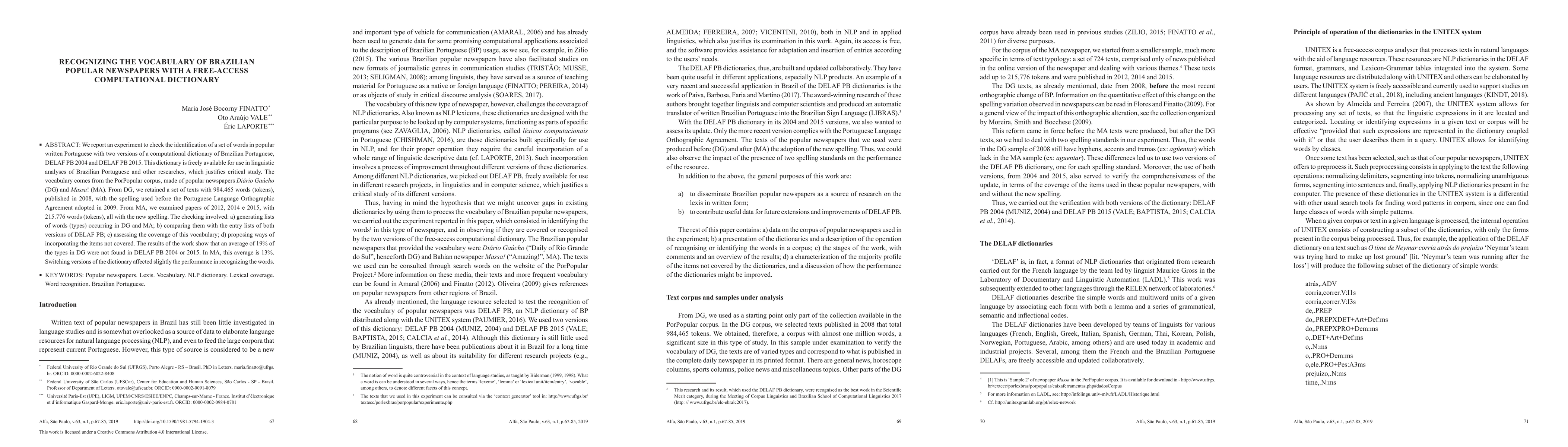Thumbnail for Recognizing the vocabulary of Brazilian popular newspapers with a
  free-access computational dictionary