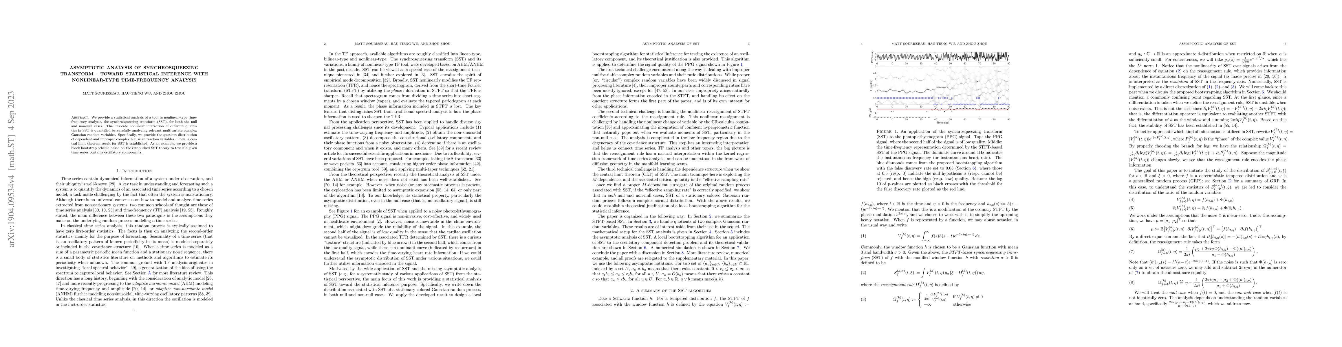 Thumbnail for Asymptotic analysis of synchrosqueezing transform -- toward statistical
  inference with nonlinear-type time-frequency analysis