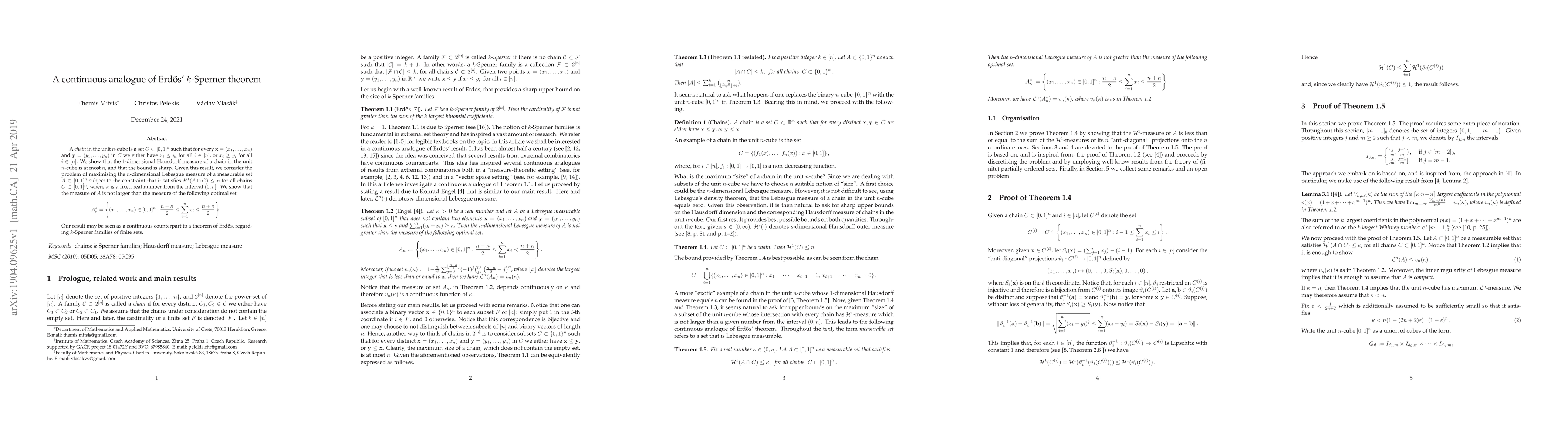 Thumbnail for A continuous analogue of Erd\H{o}s' $k$-Sperner theorem